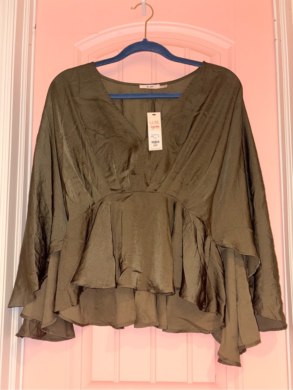 Francesca's Olive Satin Bell Sleeve Peplum Top Size Large